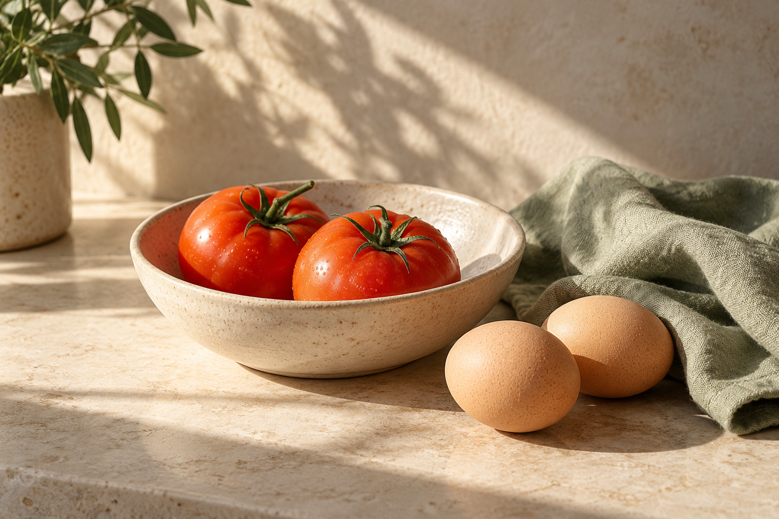 Tomatoes and eggs in warm sunlight, an anyBite brand illustration